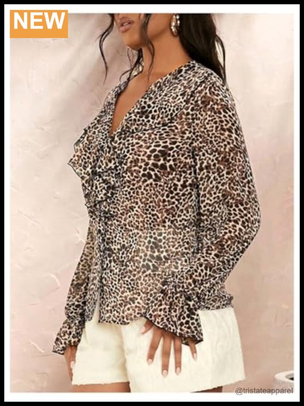 Leopard Print Ruffle Blouse V-Neck Long Sleeve Polyester Top - Picture 2 of 4
